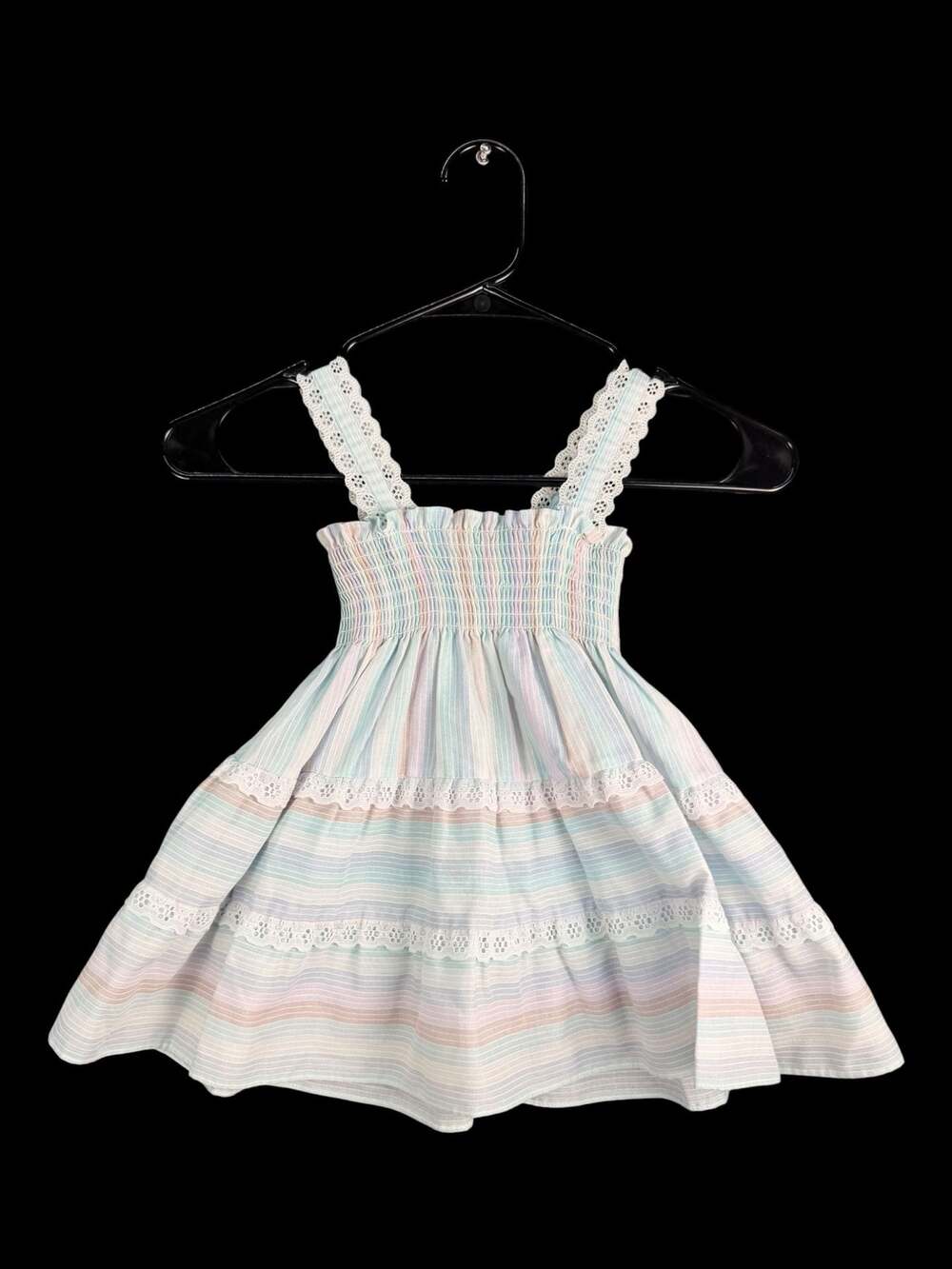 Vintage Toddler Girls Pastel Striped Smocked Tiered Sundress with Eyelet Trim